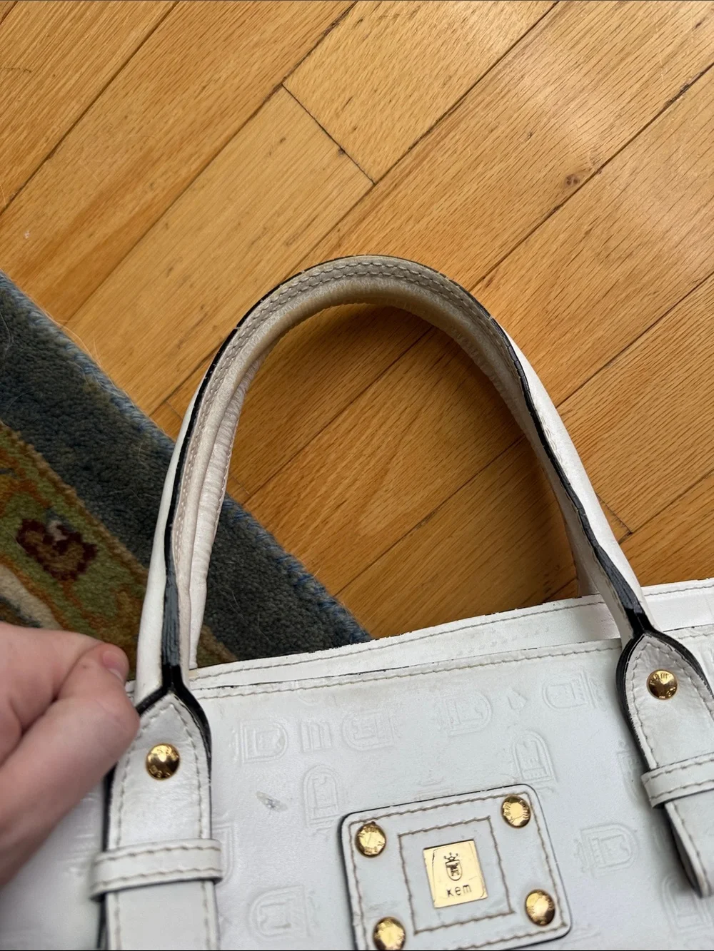 Kem White Embossed Tote Bag with Gold Hardware